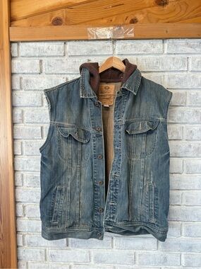 Old Navy Blue Denim Sleeveless Vest with Brown Hood Lining